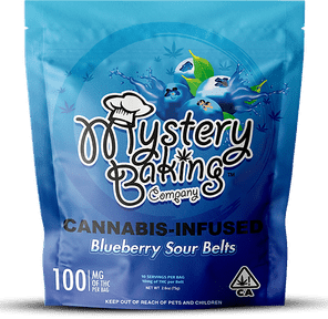 1. Mystery Baking Co. 100mg THC Sour Gummy Belts - Blueberry