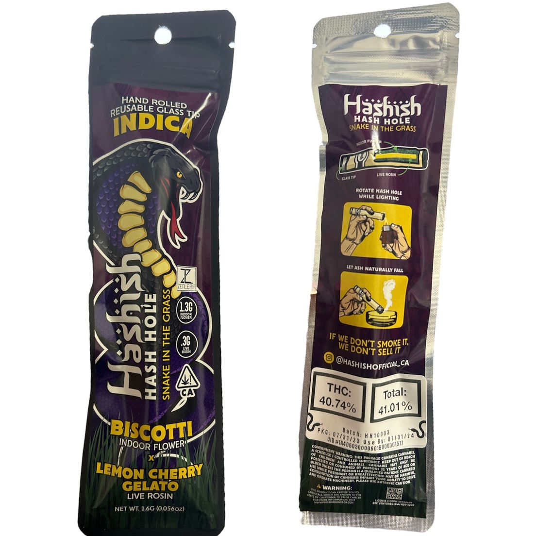D. Hashish 1.6g Live Rosin HASH HOLE Glass Tip Pre Roll - Biscotti x Lemon Cherry Gelato (I)