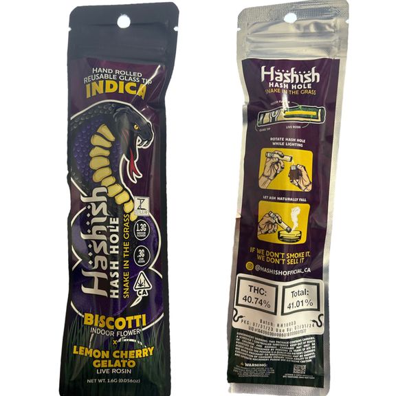 D. Hashish 1.6g Live Rosin HASH HOLE Glass Tip Pre Roll - Biscotti x Lemon Cherry Gelato (I)