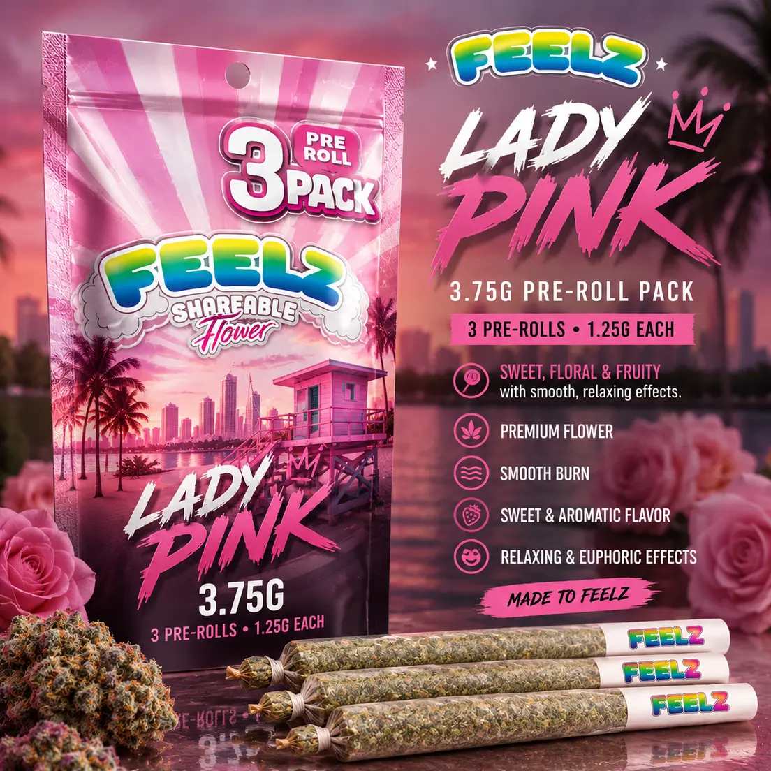 Feelz 3.75g Pre roll Pack - Lady Pink