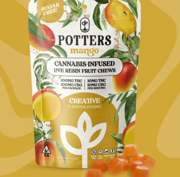 100mg Mango 1:1 Sativa Hybrid Sugar Free Live Resin Fruit Chews - Potters