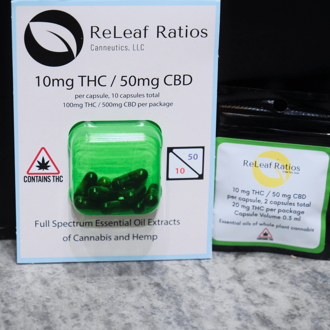Releaf Ratios- Capsules- 10mg THC/ 50mg CBD- 2 pk
