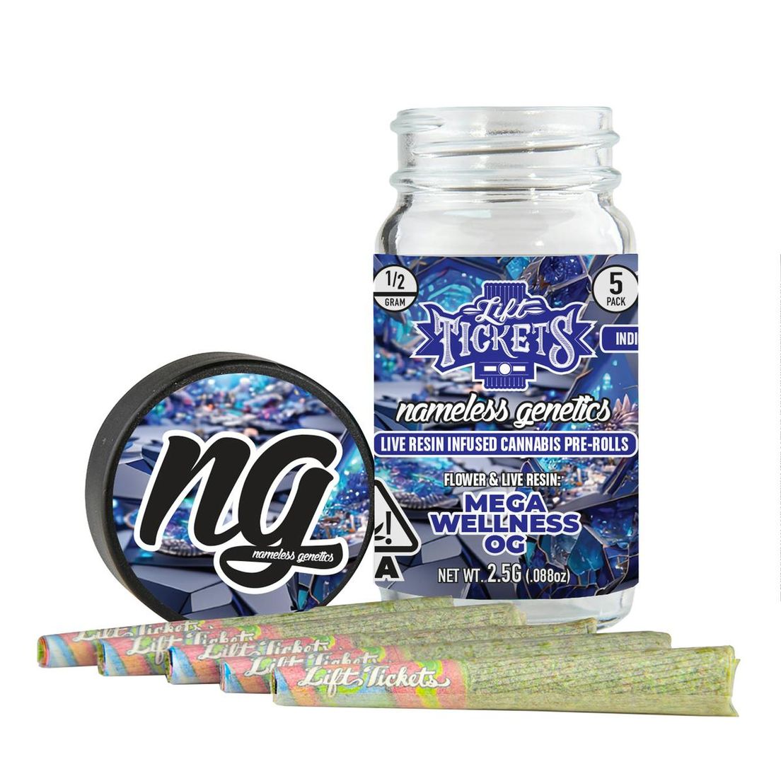 Lift Tickets - (x5) .5 Prerolls - 2.5g - Nameless Genetics: Mega Wellness OG