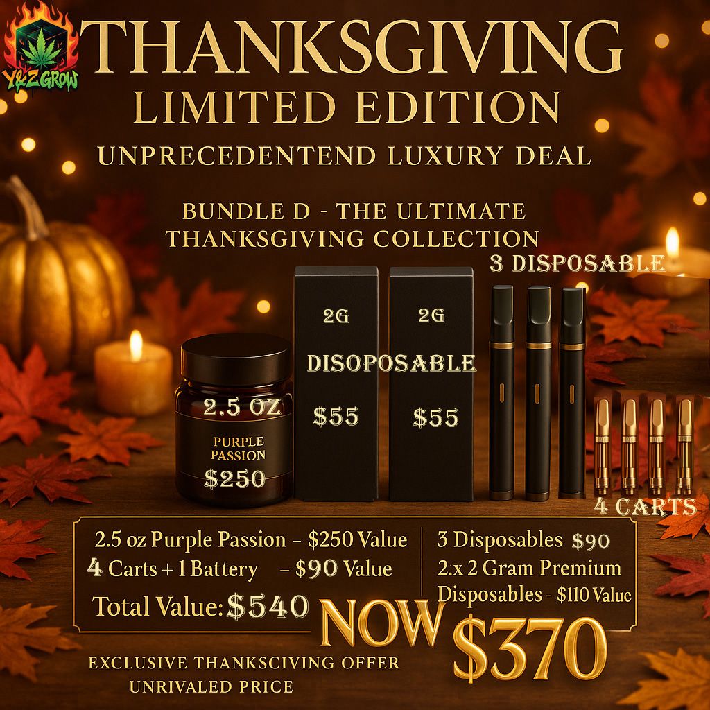 ? Thanksgiving Fire Bundle D: 2.5 Oz Purple Passion + 2x 2G Dual Switch LD Dispo + 3x LD Dispo + 4x Carts + 1x Battery