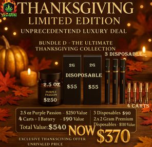 ? Thanksgiving Fire Bundle D: 2.5 Oz Purple Passion + 2x 2G Dual Switch LD Dispo + 3x LD Dispo + 4x Carts + 1x Battery