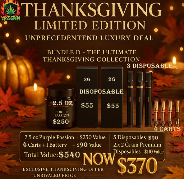 ? Thanksgiving Fire Bundle D: 2.5 Oz Purple Passion + 2x 2G Dual Switch LD Dispo + 3x LD Dispo + 4x Carts + 1x Battery