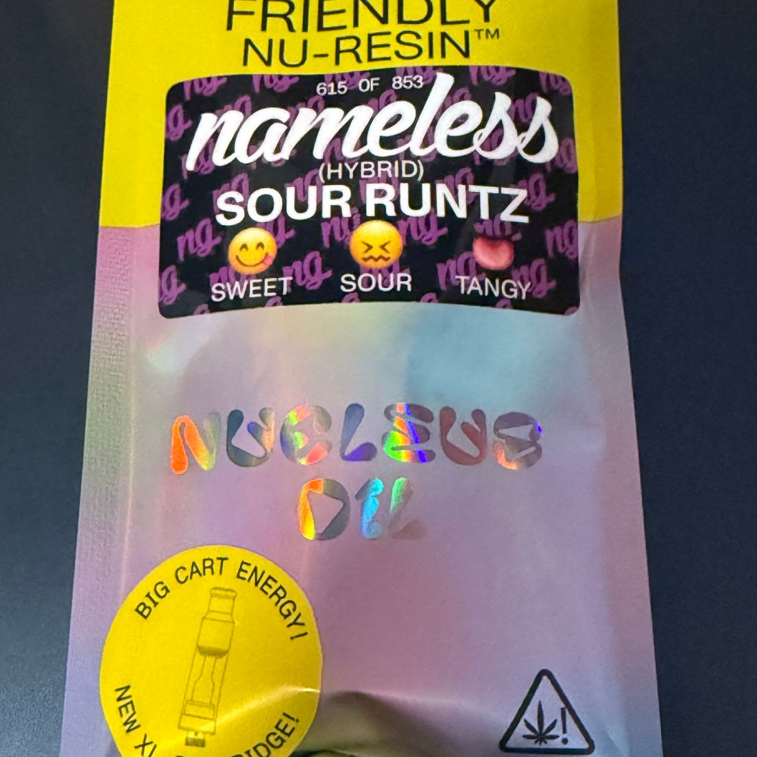 Friendly Brand- Nameless Sour Runtz Nucleus Cured Resin 510 Cart 1g (H)