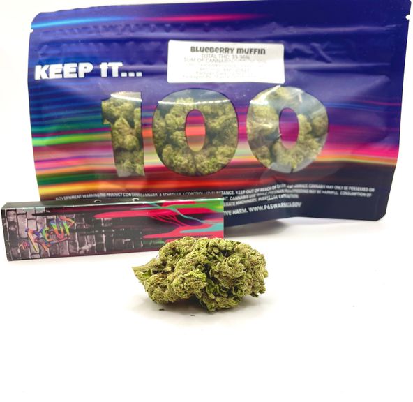 PRE-ORDER ONLY *Deal! $89 1 oz. Blueberry Muffin(33.36%/Hybrid - Indica Dom.)-Keep it 100 +Papers*Disclaimer*