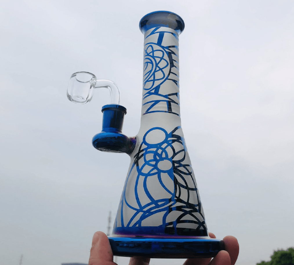 10" Glass Bong. Frosted and Mettalic Design - Blue or Gold