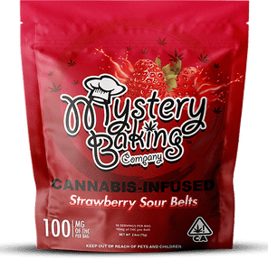 1. Mystery Baking Co. 100mg THC Sour Gummy Belts - Strawberry
