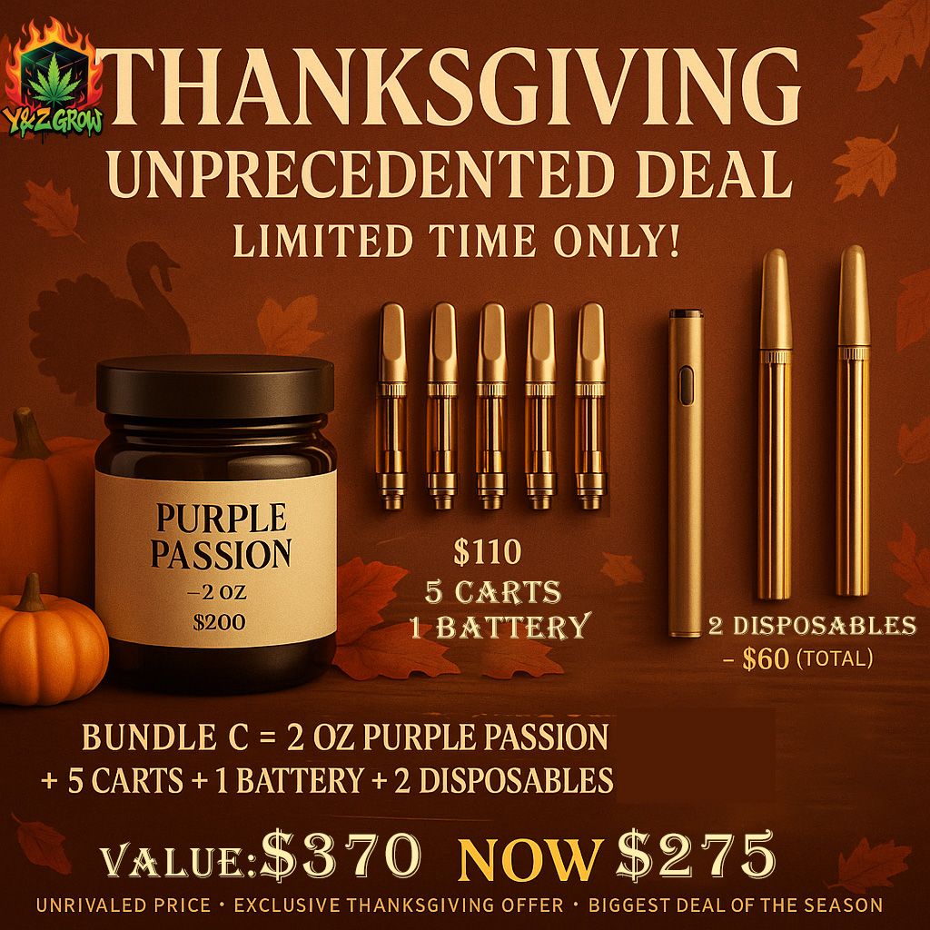 ?Thanksgiving Fire Bundle C: 2 oz Purple Passion + 5 Carts + Battery + 2 Liquid Diamond Dispo