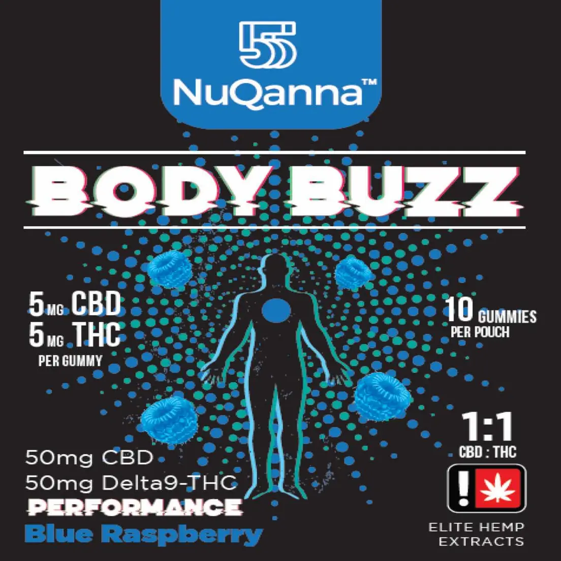 Body Buzz 1:1 5mg CBD: 5mg THC Performance Blue Raspberry 10pk