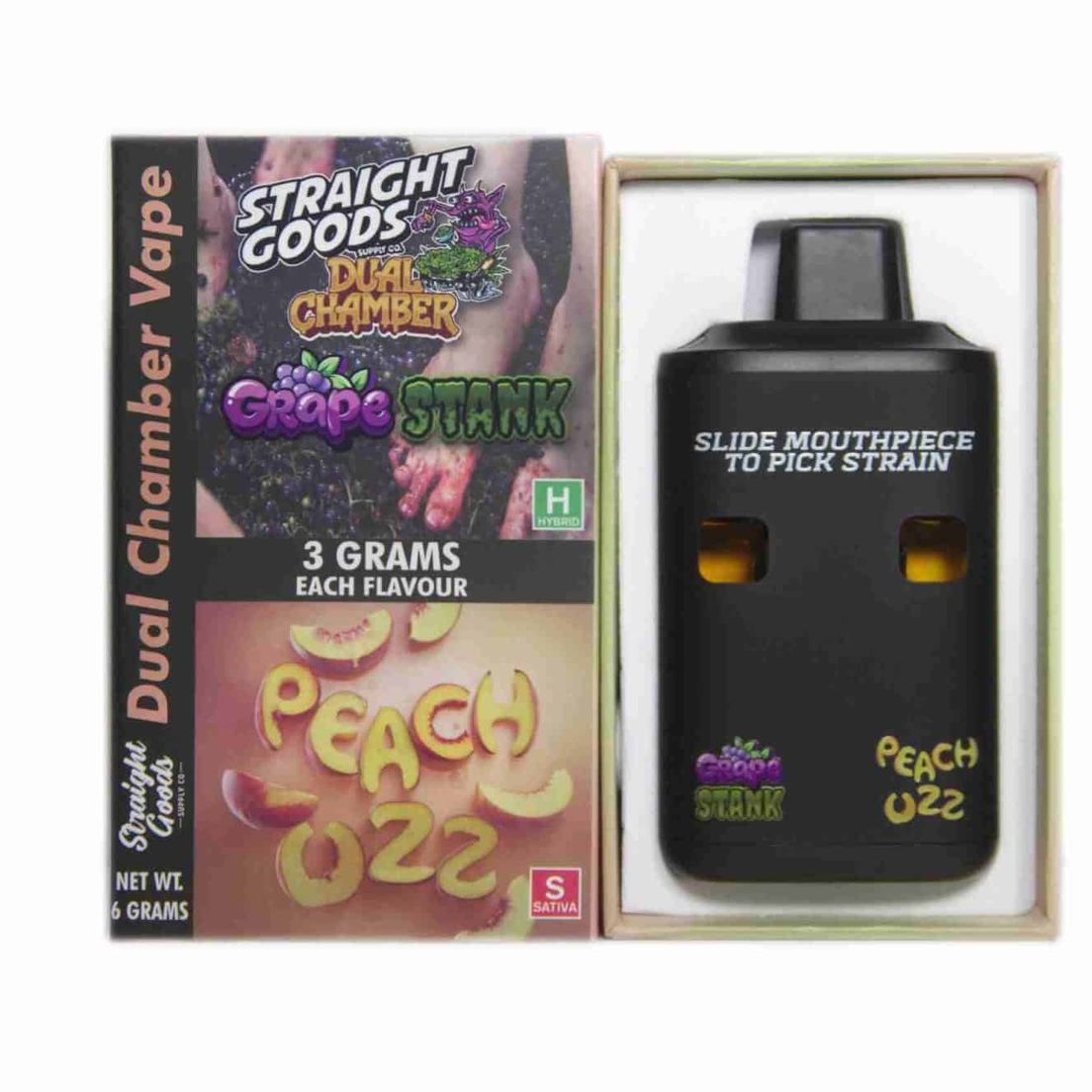 Straight Goods Dual Chamber Vape  Grape Stank + Peach Ozz (3 Grams + 3  Grams) HYBRID/SATIVA at The Vault Delivery Co. | Sweede
