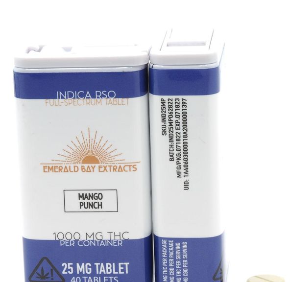 Emerald Bay Extracts 25mg RSO Tablets Indica Mango Punch 1000mg Package
