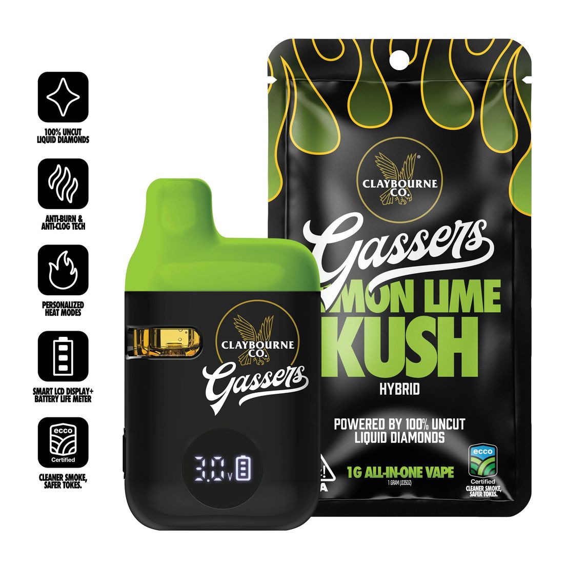 Claybourne Co. - Gassers Liquid Diamonds AIO - 1g - Lemon Lime Kush