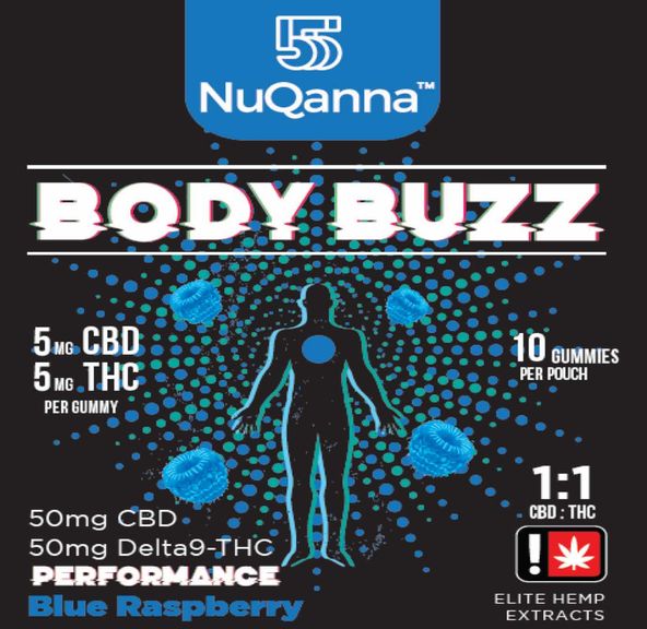 Body Buzz 1:1 5mg CBD: 5mg THC Performance Blue Raspberry 10pk