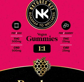NATURES KEY RASPBERRY THC:CBD 1:1 VEGAN GUMMIES 500MG
