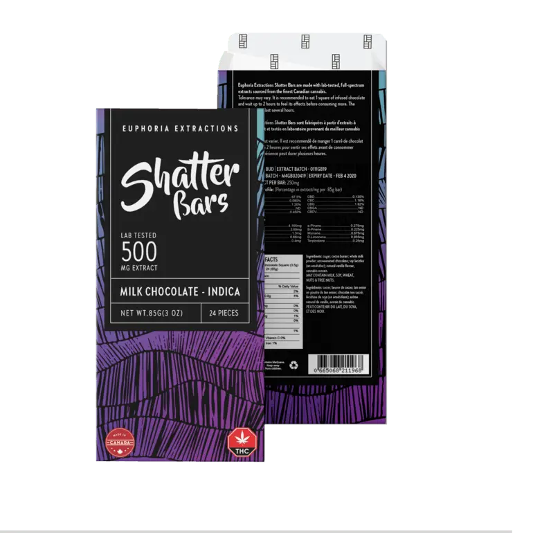 Euphoria Extract Shatter Bar Milk Chocolate Indica 500mg