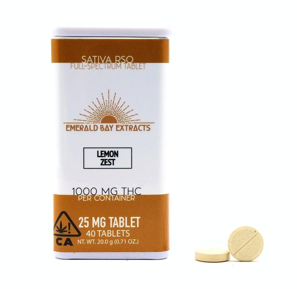 Emerald Bay Extracts 25mg RSO Tablets Sativa Lemon Zest 1000mg Package