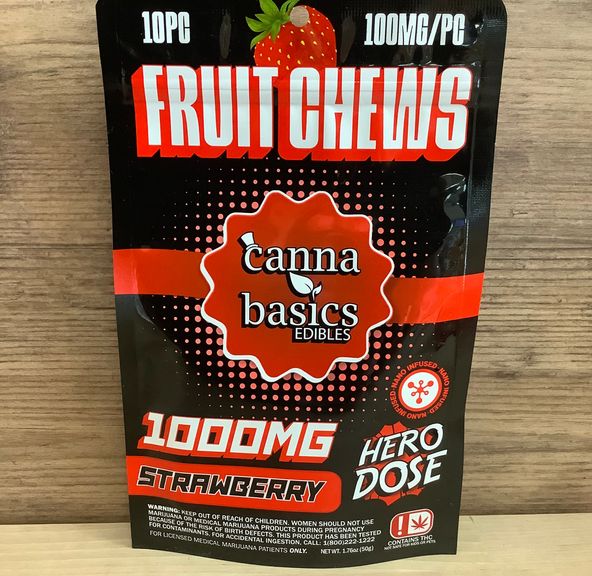 1000MG Hero Dose Fruit Chews - Strawberry - Canna Basics - Indica