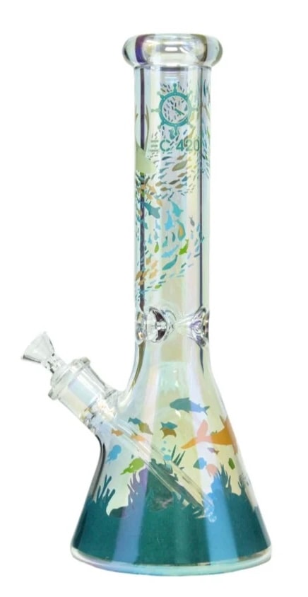 EC420 14" 7mm Metallic Cluster of Fish Print Beaker Water Pipe