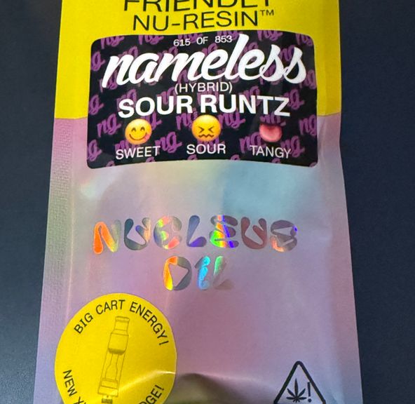 Friendly Brand- Nameless Sour Runtz Nucleus Cured Resin 510 Cart 1g (H)