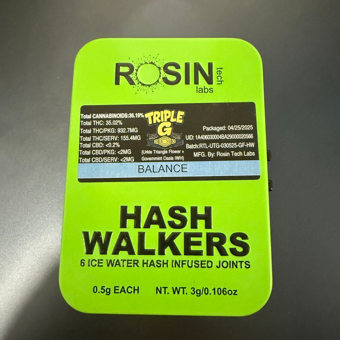 Rosin Tech Labs- Balance Triple G Hash Walkers 6pk (H) (Flower: Urkle Triangle) (Rosin: Governmint Oasis)