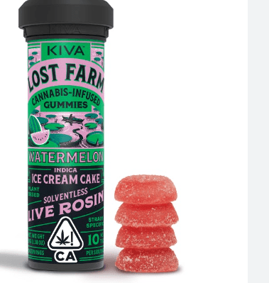 KIVA LOST FARM WATERMELON X ICE CREAM CAKE INFUSED SOLVENTLESS GUMMIES INDICA 39G