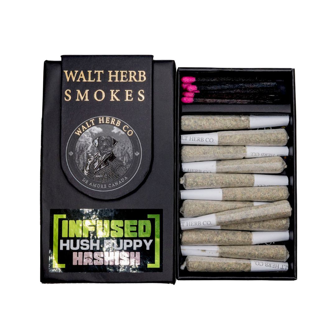 12 x 0.6G Indica Hash Infused Hush Puppy Pre Roll Pack by Walt Herb Co.
