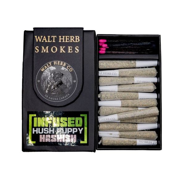 12 x 0.6G Indica Hash Infused Hush Puppy Pre Roll Pack by Walt Herb Co.